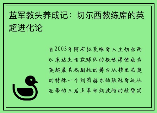 蓝军教头养成记：切尔西教练席的英超进化论