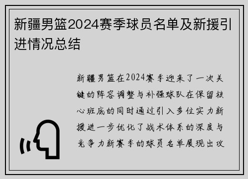 新疆男篮2024赛季球员名单及新援引进情况总结